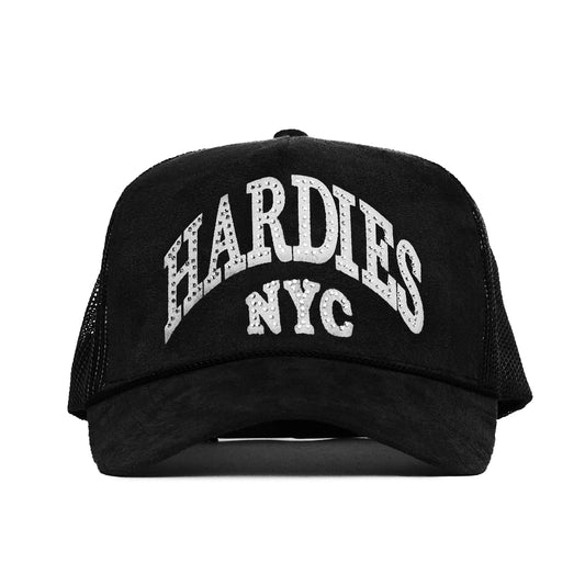HARDIES NYC Rhinestone Pre Curve Trucker Hat - Suede Black