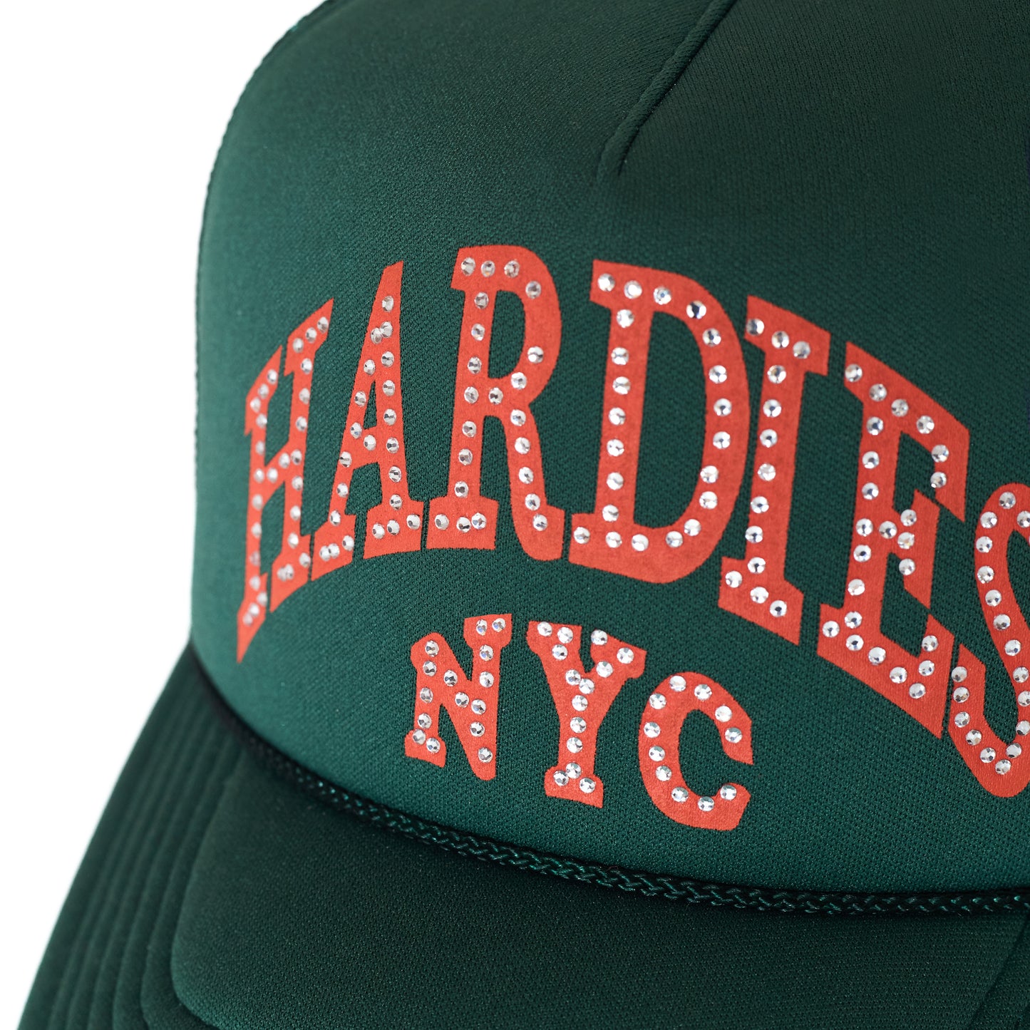 HARDIES NYC Rhinestone Pre Curve Trucker Hat - Green/Orange