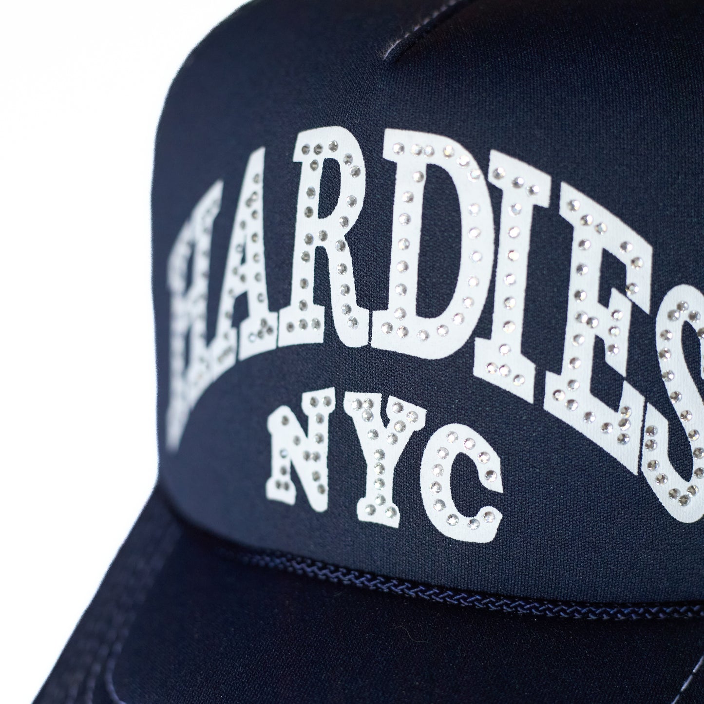HARDIES NYC Rhinestone Pre Curve Trucker Hat - Navy Blue