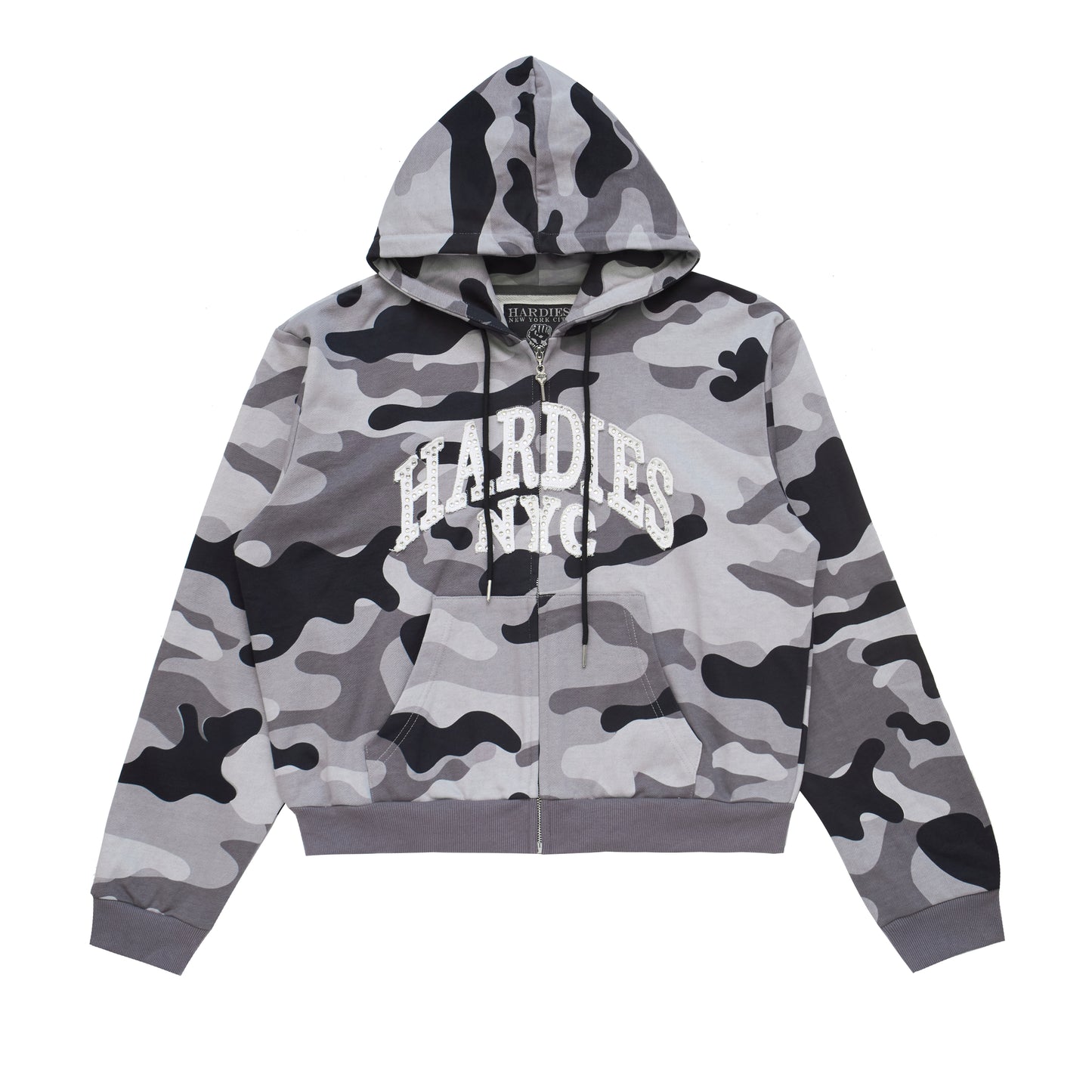 Rhinestone Zip Up Hoodie Grey Camo