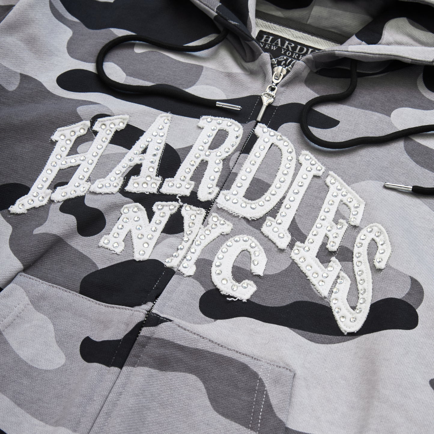 Rhinestone Zip Up Hoodie Grey Camo