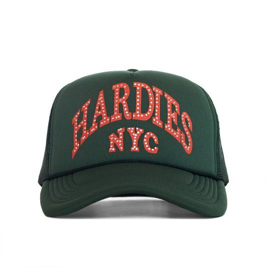 HARDIES NYC Rhinestone Pre Curve Trucker Hat - Green/Orange