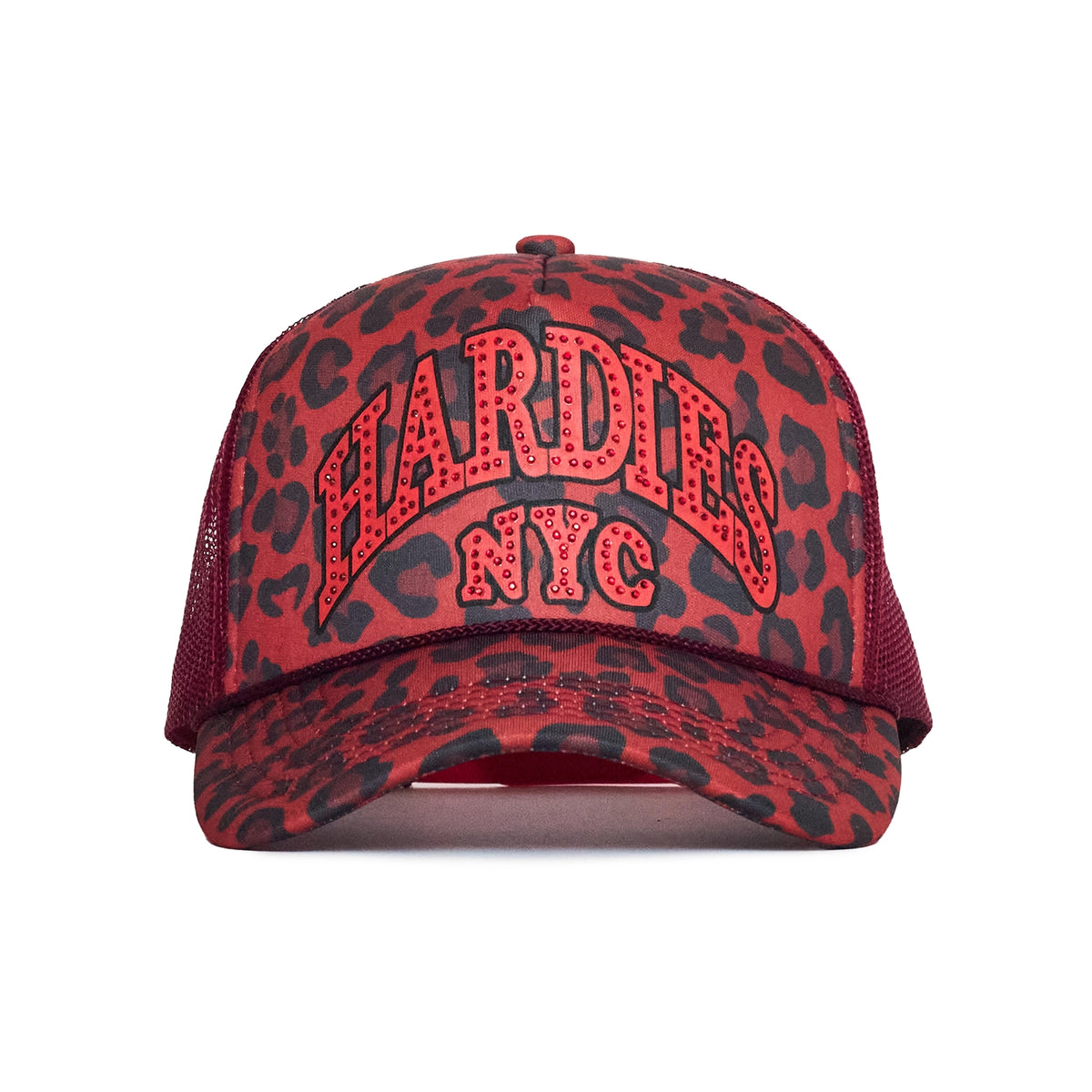 HARDIES NYC Rhinestone Pre Curve Trucker Hat - Red Leopard