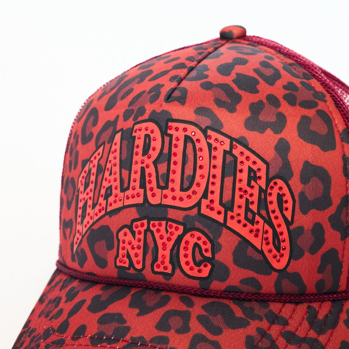 HARDIES NYC Rhinestone Pre Curve Trucker Hat - Red Leopard