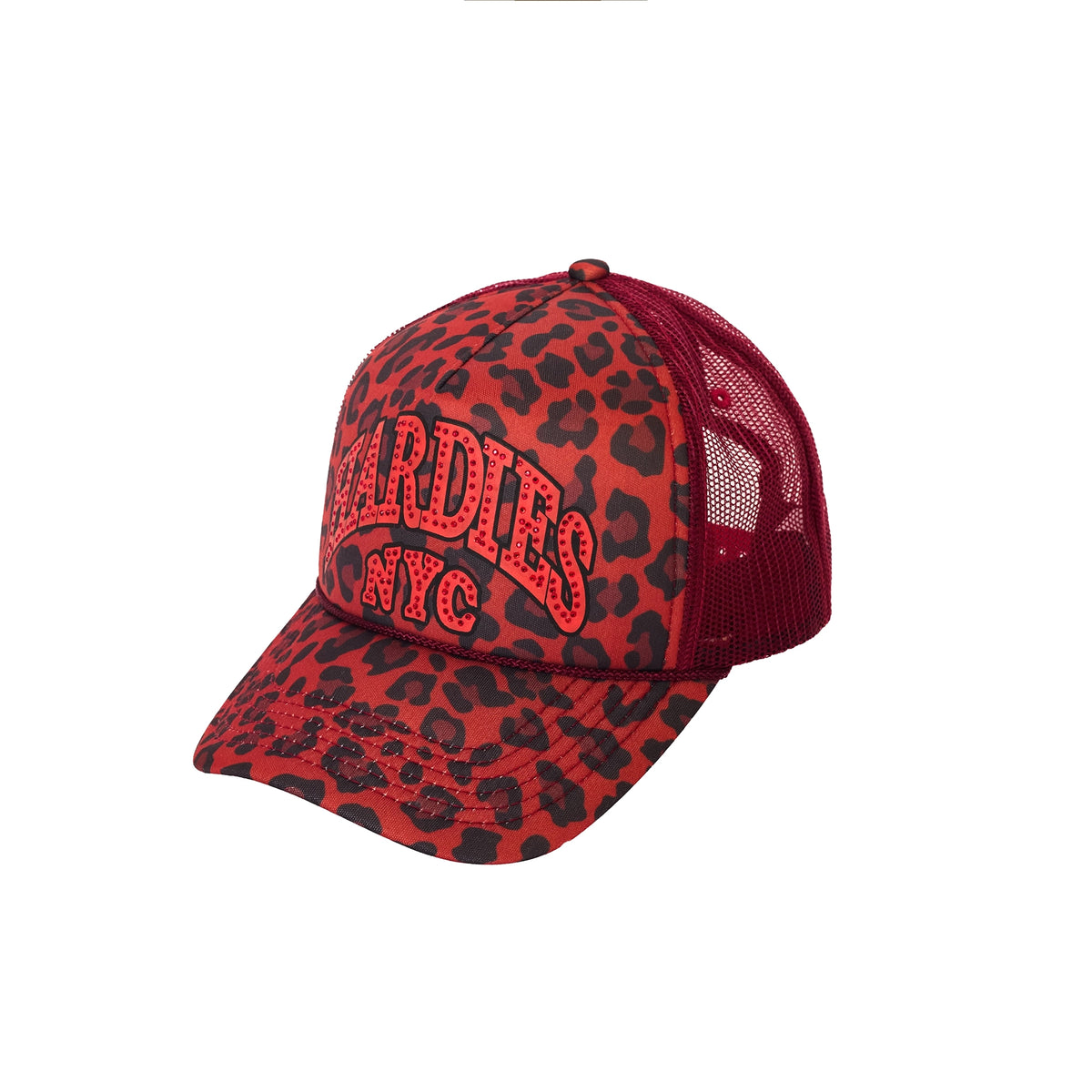 HARDIES NYC Rhinestone Pre Curve Trucker Hat - Red Leopard