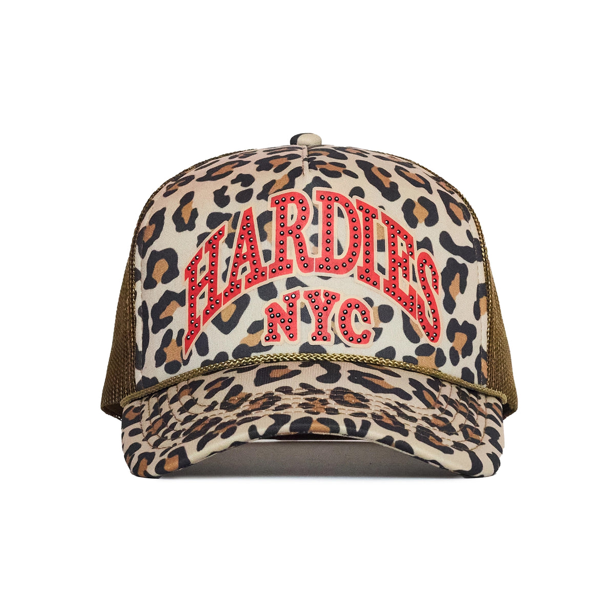 HARDIES NYC Rhinestone Pre Curve Trucker Hat - Leopard/Red