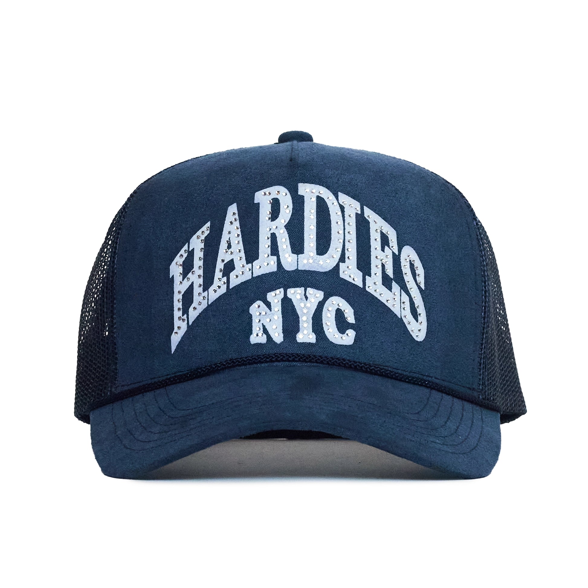 m*n様 HARDIES NYC TRUCKER HATS SUEDE-NAVY HARDIES NYC Rhinestone Pre Curve Trucker Hat - Suede Blue