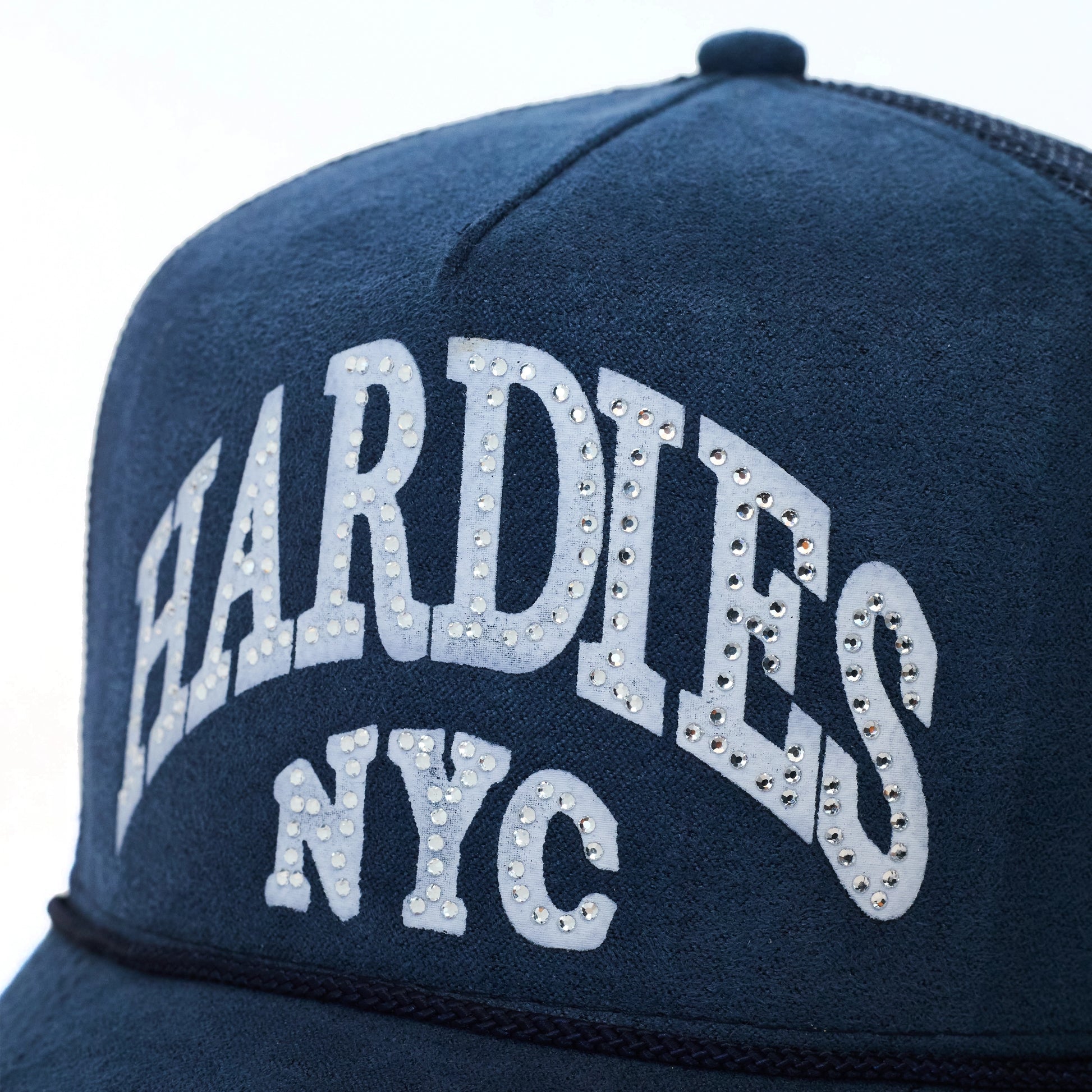 HARDIES NYC Rhinestone Pre Curve Trucker Hat - Suede Blue HARDIES NYC Rhinestone Pre Curve Trucker Hat - Suede Blue