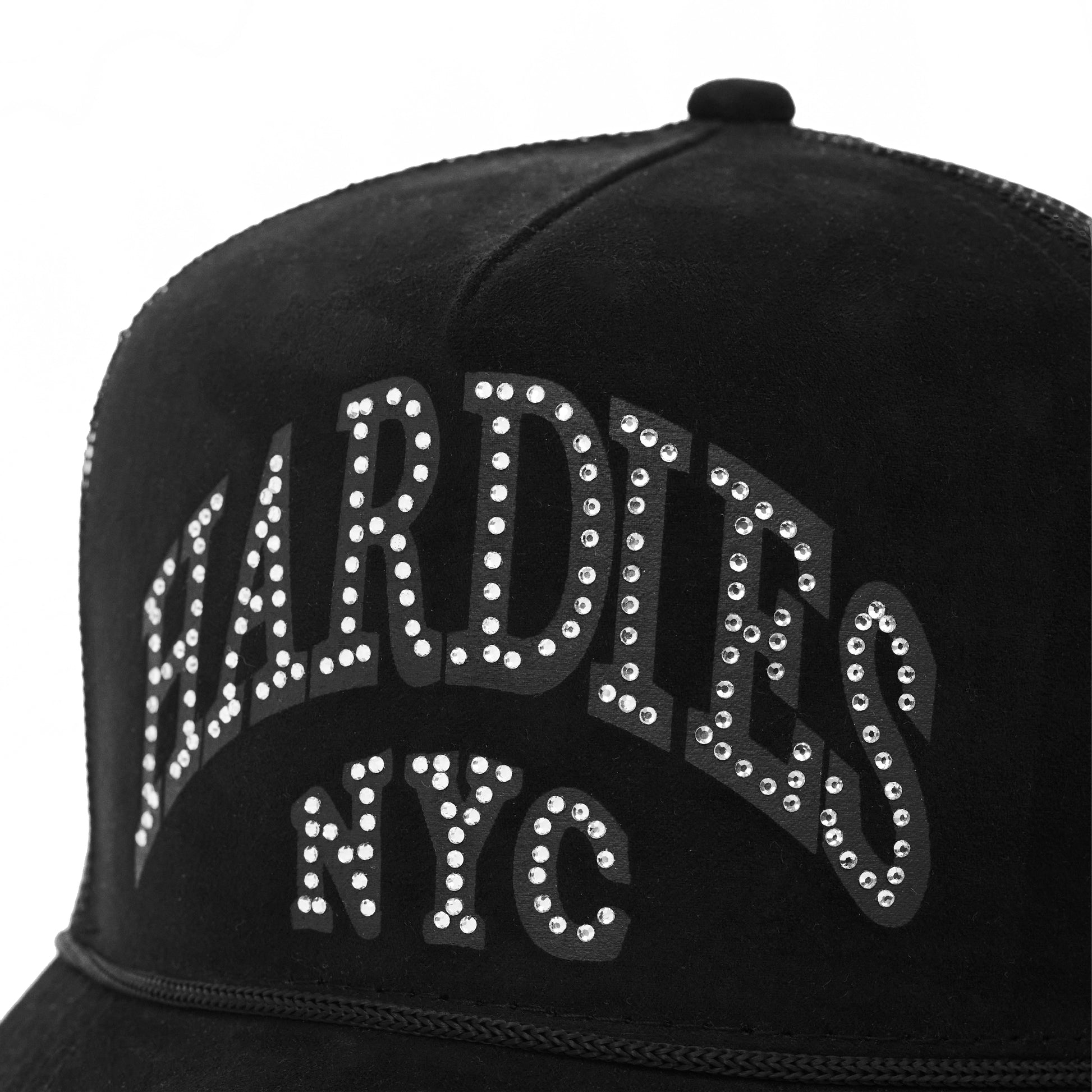 HARDIES NYC Rhinestone Pre Curve Trucker Hat - Suede Black