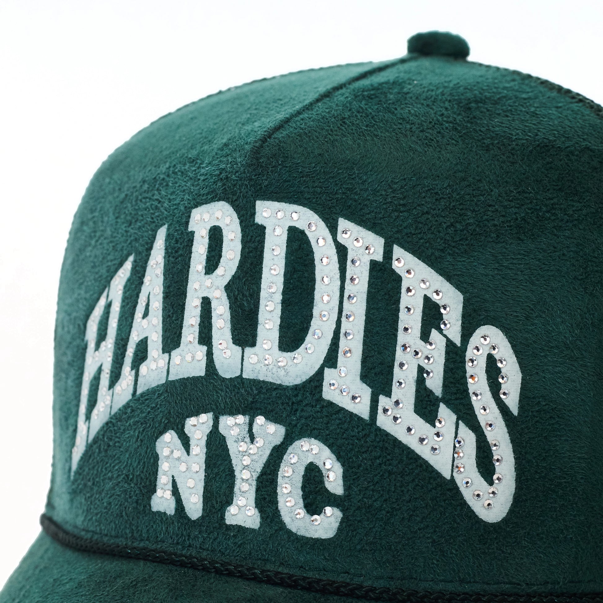 HARDIES NYC Rhinestone Pre Curve Trucker Hat - Suede Green HARDIES NYC Rhinestone Pre Curve Trucker Hat - Suede Green