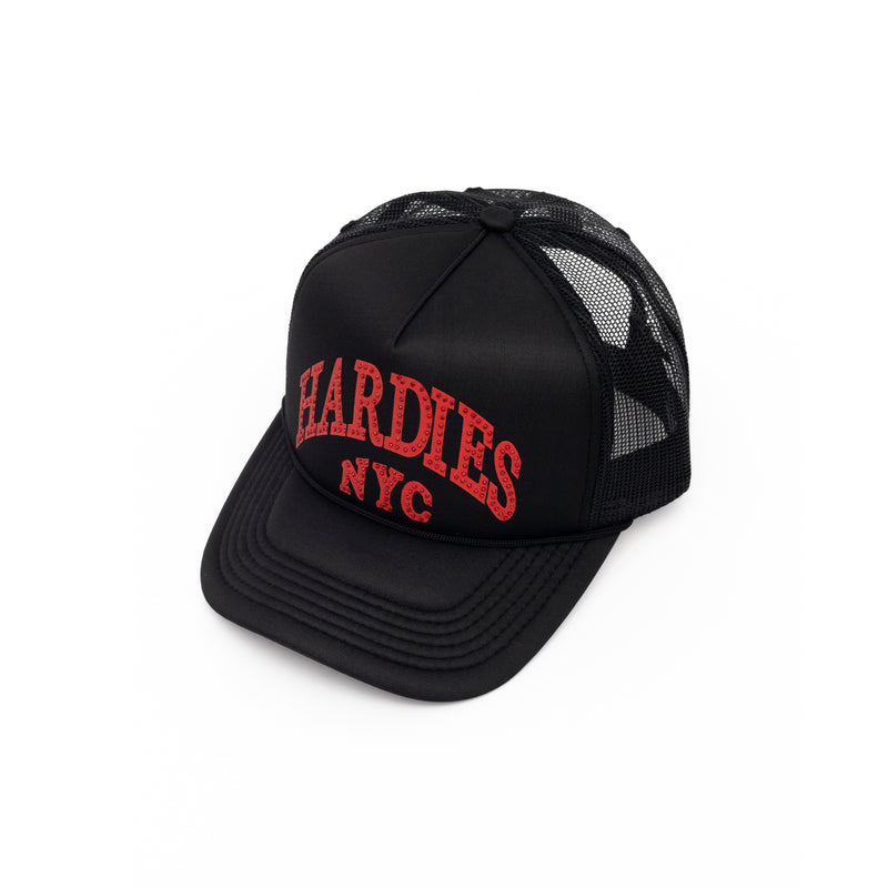 NYC rhinestone pre curve trucker hat black/red