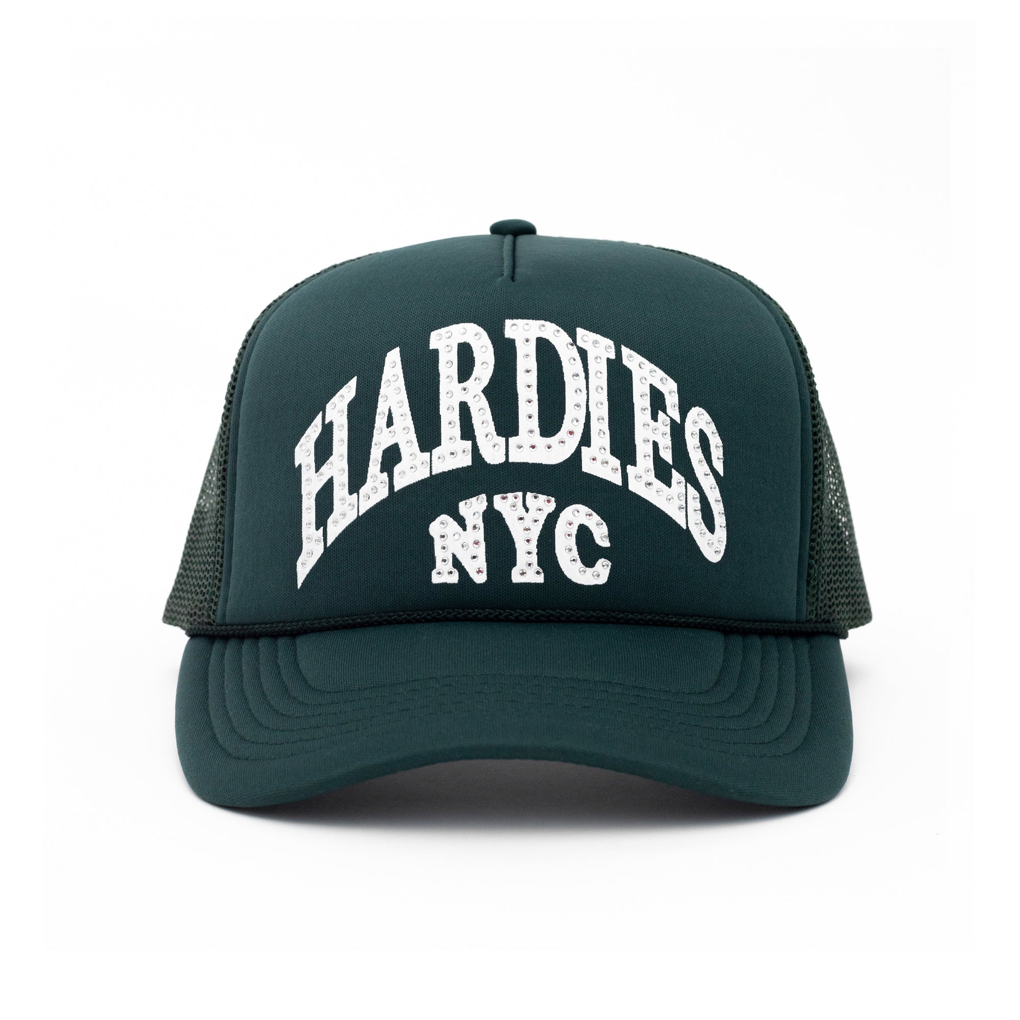 NYC rhinestone pre curve trucker hat green/white
