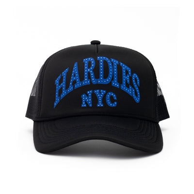 NYC rhinestone pre curve trucker hat black/blue
