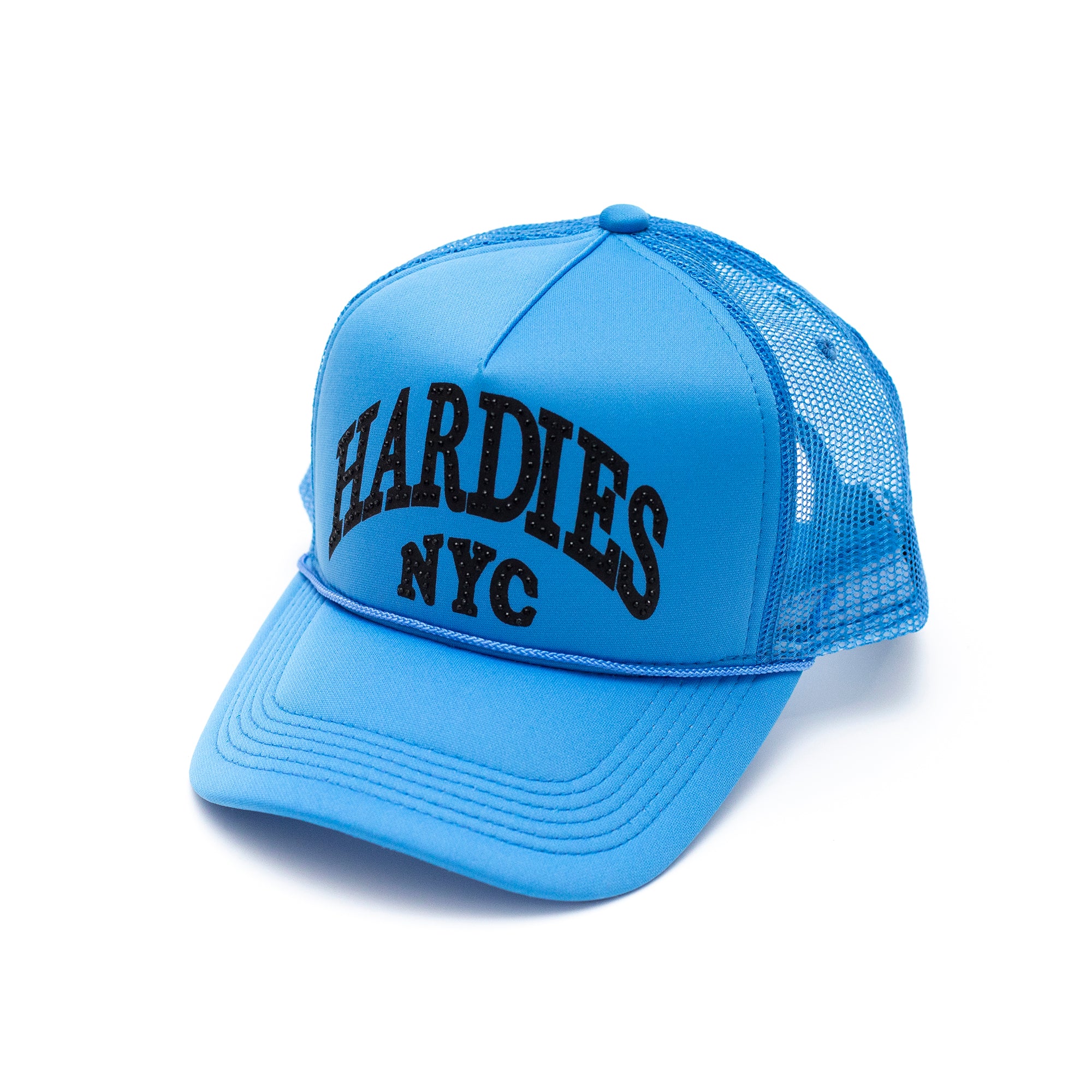 NYC rhinestone pre curve trucker hat blue